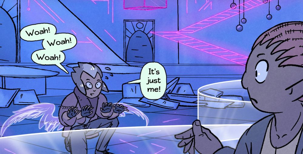 Preview for new comic page of Witch of Dezina. One of the guys, Tayver, is kneeling while waving his hands in the air saying "Woah! Woah! Woah! It's just me!"