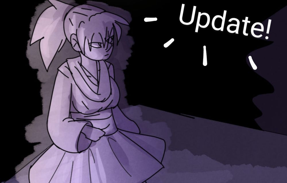 Crop panel of Ellie, looking intensely into the shadows with the word "Update!" added in the corner.