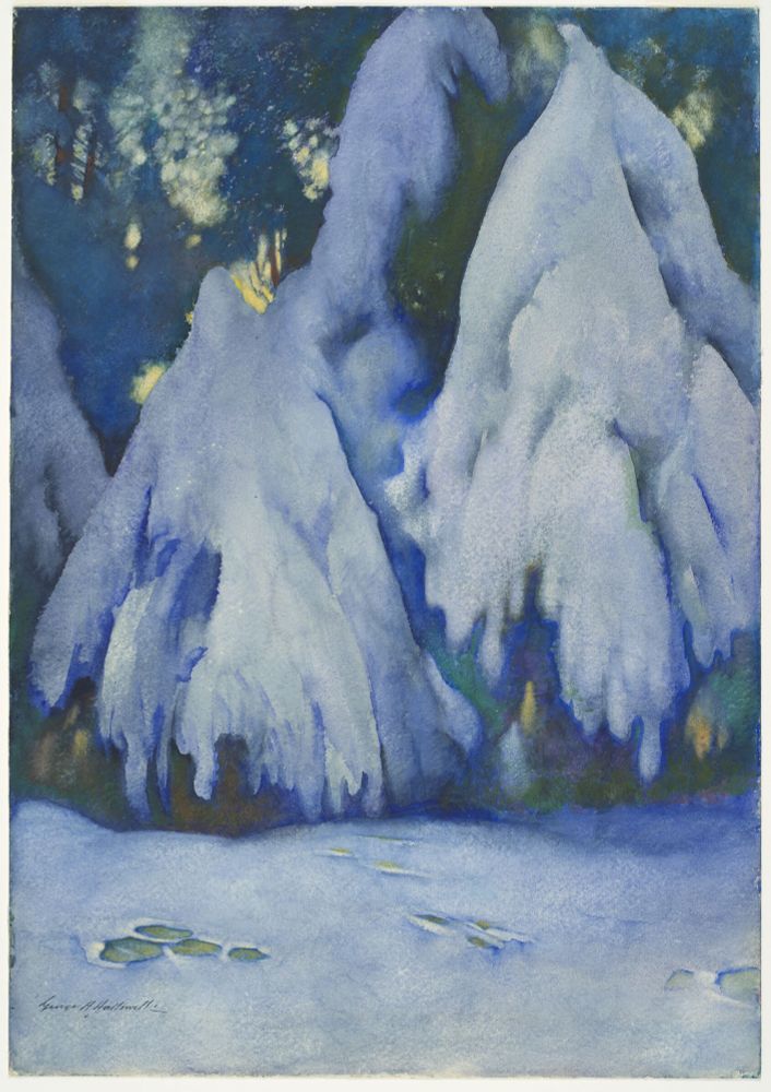 This painting, Pine Trees in the Snow with Rabbit Tracks by George Hawley Hallowell (c. 1925), depicts a serene winter scene. Snow-covered pine trees dominate the composition, their drooping branches forming soft, flowing shapes. In the foreground, delicate rabbit tracks cross a blanket of pristine, untouched snow. The muted blues and whites evoke the quiet stillness of a frosty winter's day, with subtle hints of green and yellow adding depth and vibrancy to the scene.
