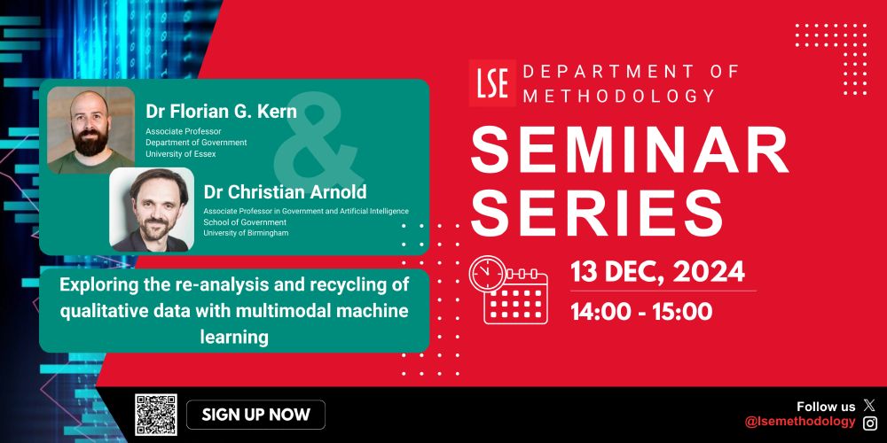 A graphic details the LSE Department of Methodology's Seminar Series on 13 Dec, 2024 from 14:00 to 15:00. It features Dr Florian G. Kern and Dr Christian Arnold presenting 'Exploring the re-analysis and recycling of qualitative data with multimodal machine learning'