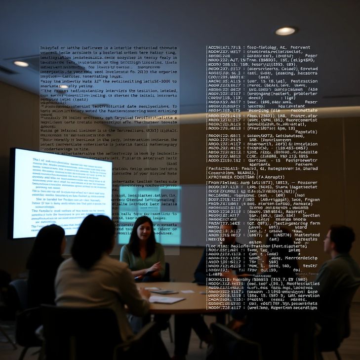 AI generated photograph featuring a group of people sat around a table and code overlayed 