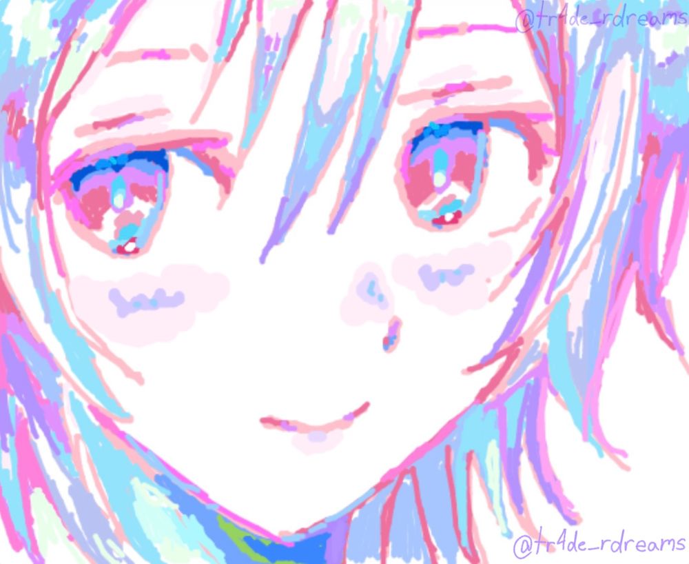 pink purple and light blue pastel drawing, of a feminine looking person is anime style, their hair is short and they have a pink purplish pastel blush and white skin. Their eyes are neon pink with blue shadows and light pastel blue highlights
