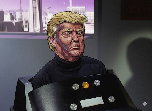 Create a graphic novel style image of an overweight man that looks like Trump sitting in the wheelchair as in the reference images from the menagerie