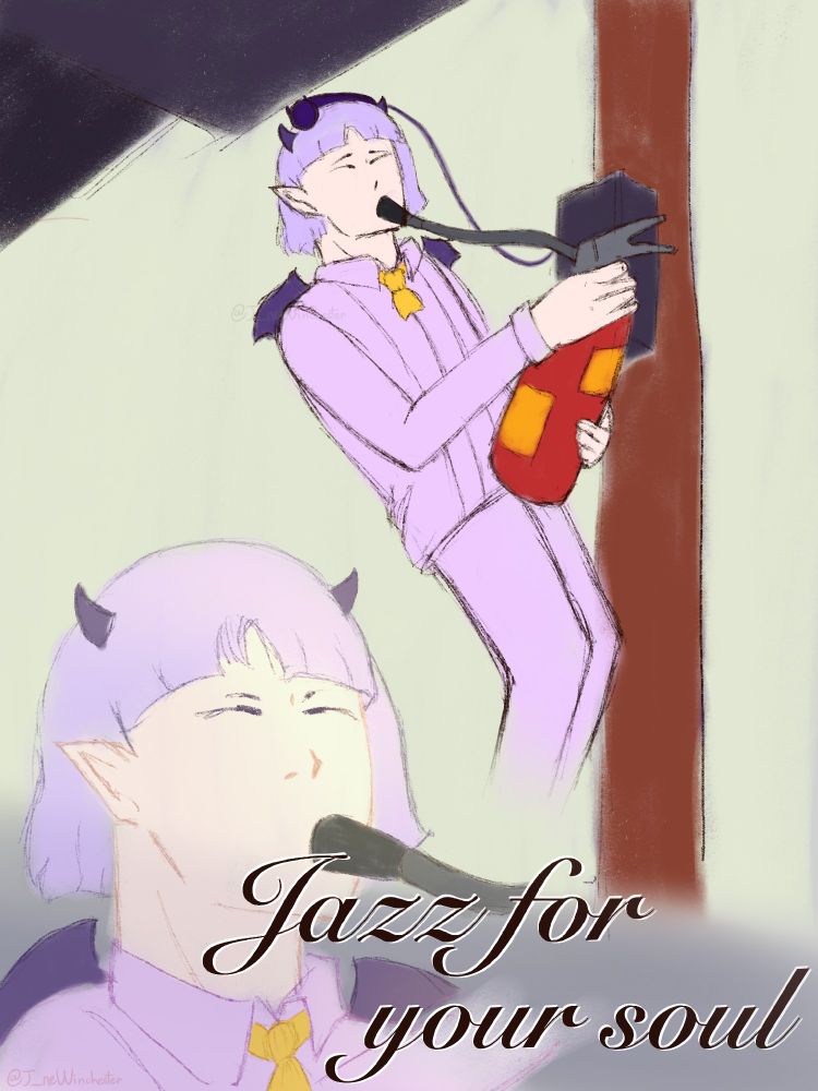 Meme art of Purson Soi. He has light purple hair; small, dark purple horns and wings. He is wearing an all light purple formal outift with a small, very short, yellow tie.

He is using a fire extinguisher like a trumpet and holding it like a saxophone. Using the hose as a mouthpiece. The phone from the fire extinguisher box is on top of his head. The bottom text says, "Jazz for your soul" in a fancy cursive font.