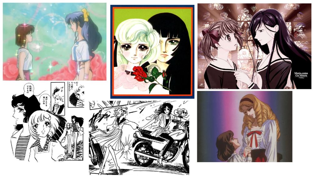 A collage of Noriko and Kazumi from Gunbuster, Resine and Simone from Shiroi Heya no Futari, Yumi and Sachiko from Maria-sama ga Miteru, Mei and Misaki from Hadashi no Mei, Suzuna and Sarasa from Kurenai ni Moyu, and Nanako and Fukiko from Oniisama E...
