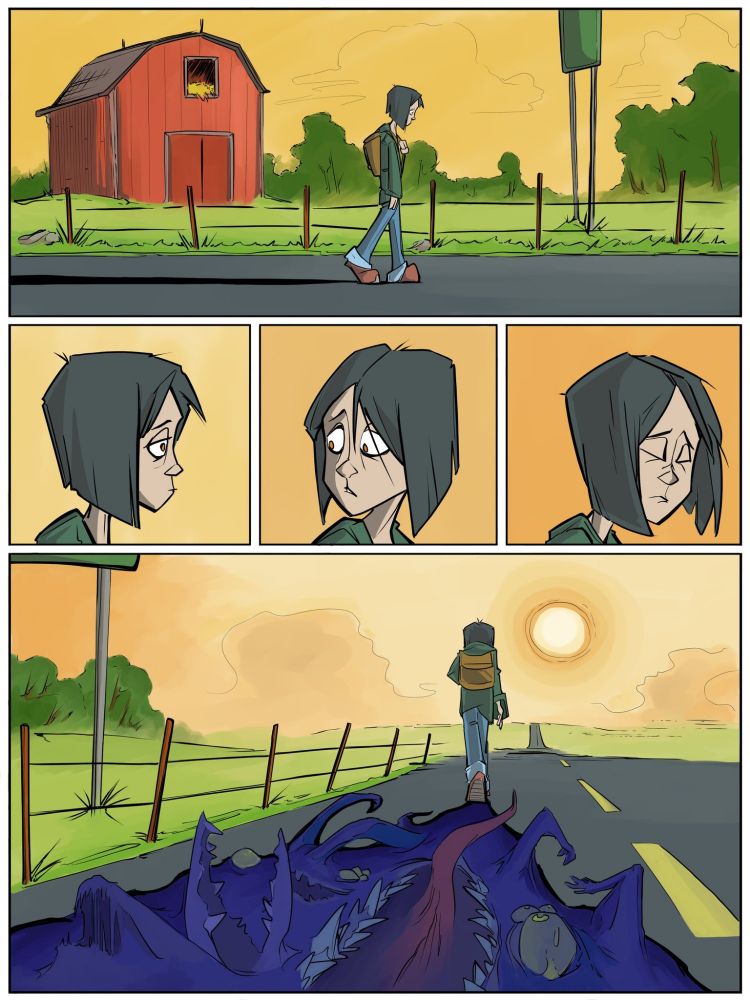 A one page comic of a girl walking down a highway, glancing back, and seeing demonic forms in her own shadow