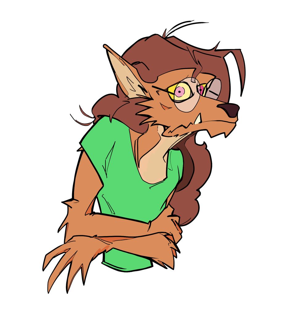 A teen werewolf girl with brown fur and glasses, looking nervous