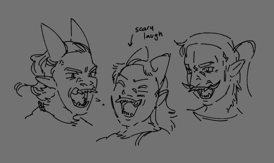 three headshots of kuri with their top fangs pointed forward. from left to right, a pissed off expression, a scary laugh, and a more defensive, but aggravated expression. the last is specifically elix