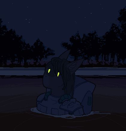 a pixel art drawing of crane, a catgirl, shoulder deep in a river at night. the picture is very dark save her bright yellow eyes