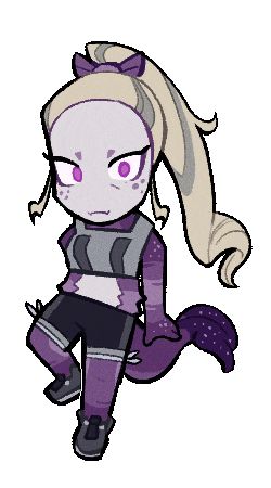A chibi gif of my character, Pholey. A purple and white alien with a seal tail, a long blonde ponytail and a fierce stare. She’s wearing athleisure style clothing.