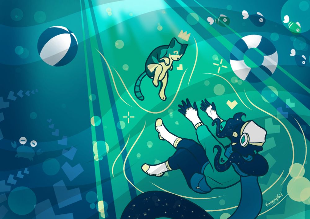 Cephsona and Mott underwater, surrounded by heart-shaped seaweeds. Cephsona has her hands reaching out to Mott while smiling happily.