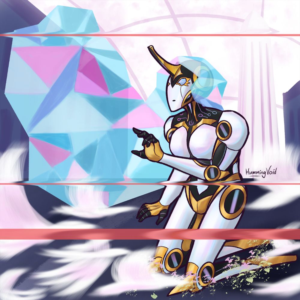 Dima kneeling on the ground, looking up to the sky while her hand reaching up in front of her. A flock of birds can be seen flying pass her.