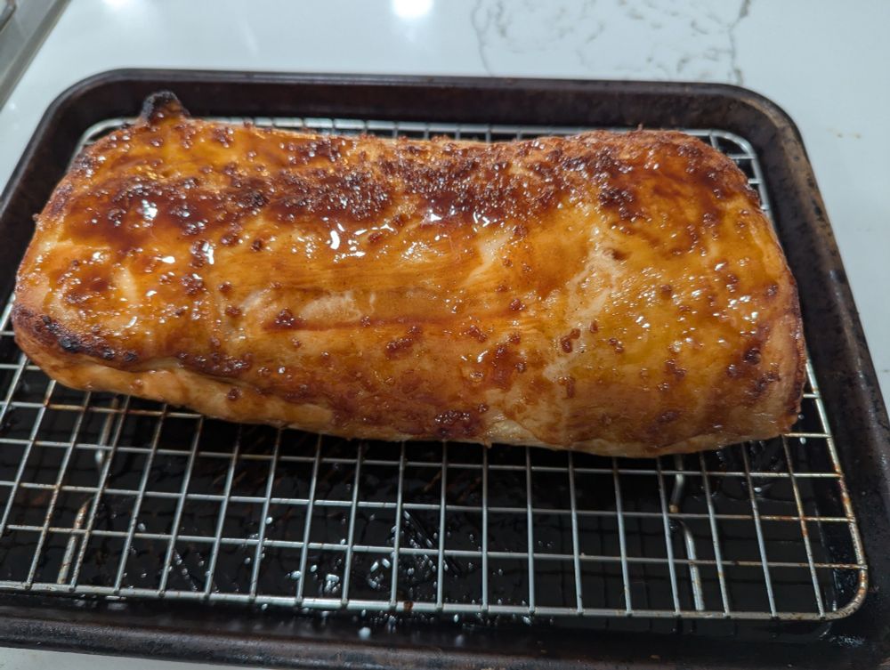 A roasted pork loin with teriyaki glaze.
