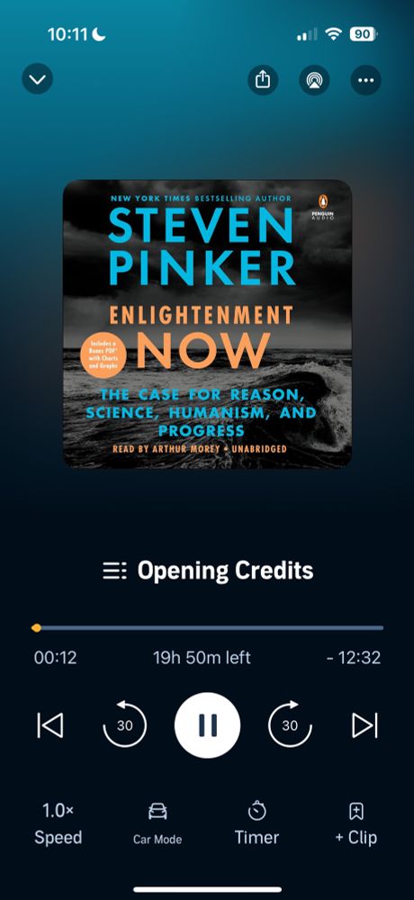 Screenshot of an Audible book, Enlightenment Now by Steven Pinker