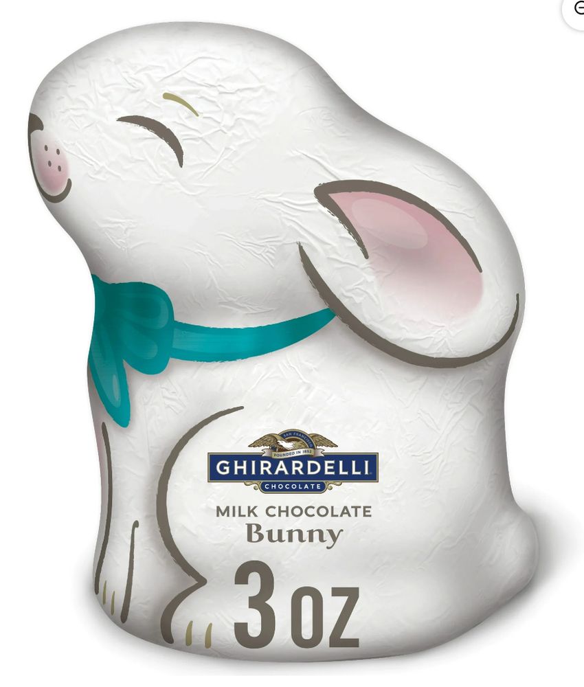 Image is a full body shot of a 3 oz milk chocolate bunny by Ghirardelli