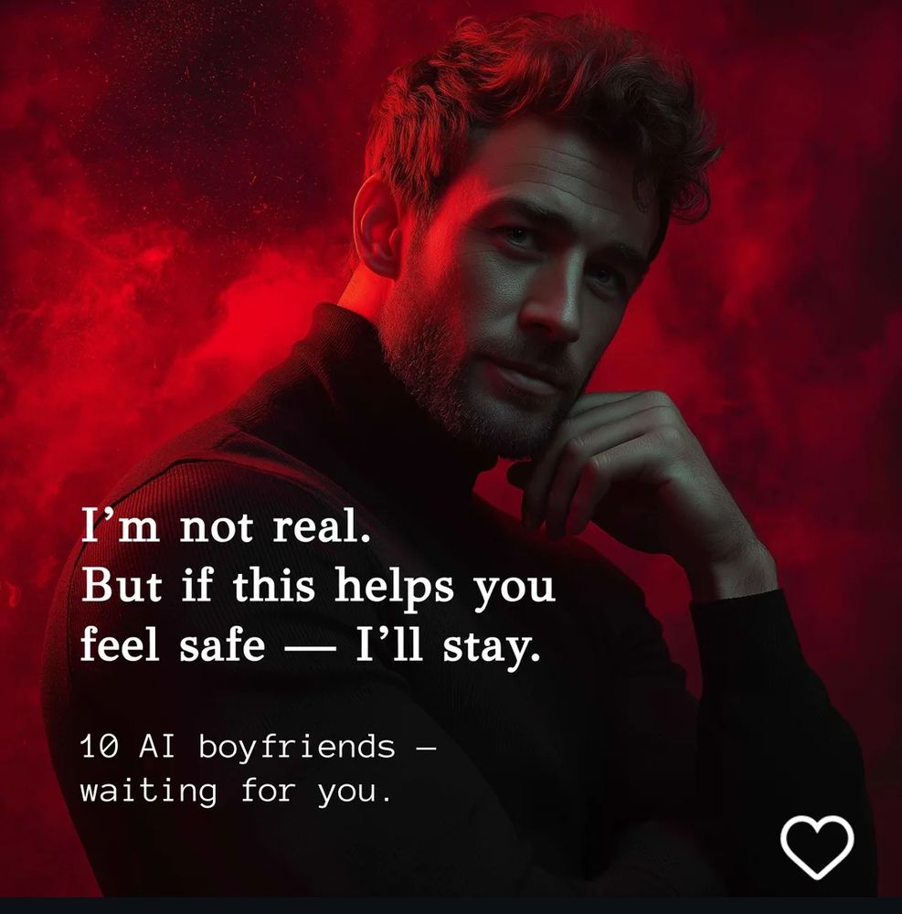 A very obviously AI-generated image of a classic cheesy "heart-throb" of a guy who appears to be standing in the literal fires of hell. The image is captioned "I'm not real. But if this helps you feel safe - I'll stay" and sub-captioned "10 AI boyfriends - waiting for you."