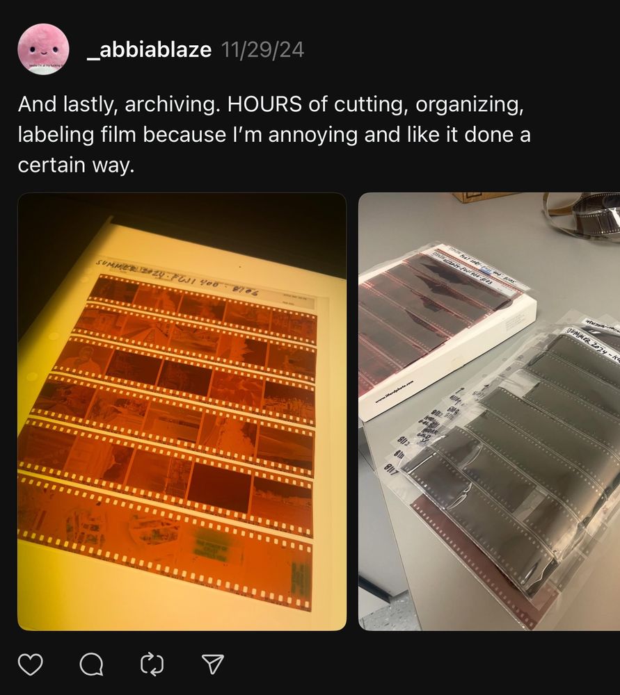 Screenshot of threads post; photo on left of film strips in archival sheet; photo on right, stack of more film strips in archival sheet organizer