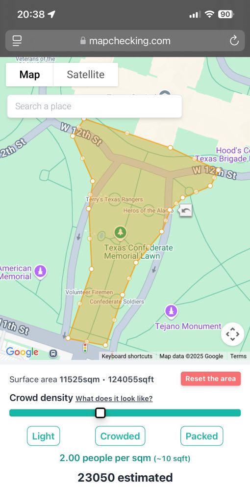 Screenshots of crowd density website estimating the amount of people present at the 50501/hands off rally held at the Texas State Capitol if 2 people per sqm