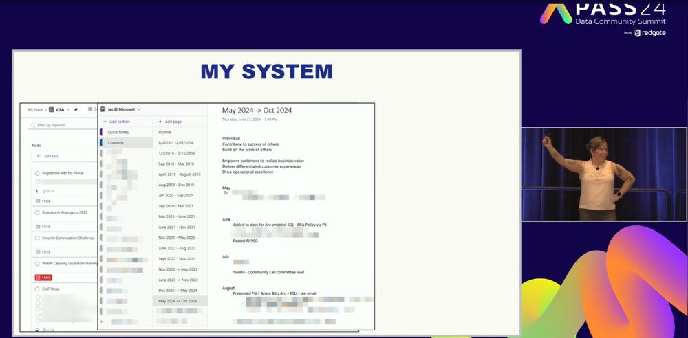 Picture of slide with planning system, smaller picture of woman presenter with her arm raised and pointing at content