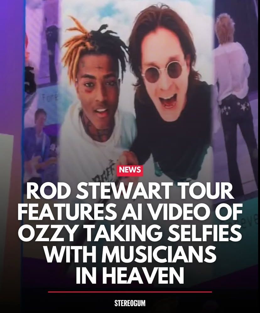 ROD STEWART TOUR FEATURES AI VIDEO OF OZZY TAKING SELFIES WITH MUSICIANS IN HEAVEN 