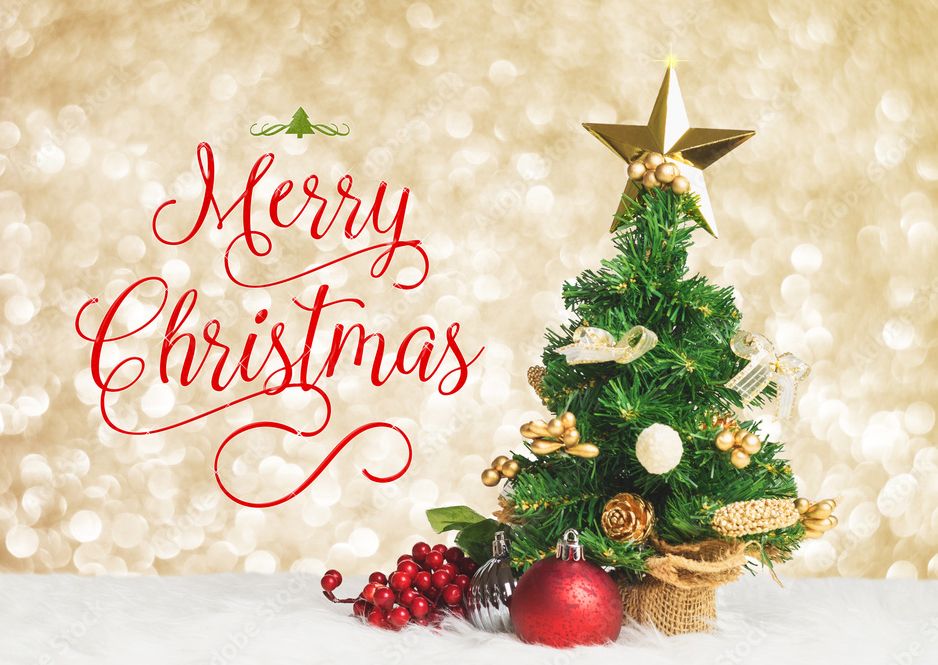 A sign displaying the words merry Christmas with a small Christmas tree. 