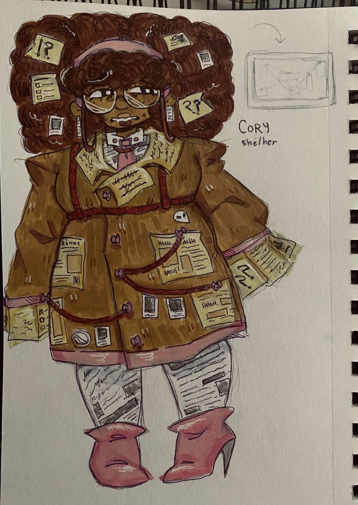 a woman (cory) with a brown afro covered in yellow sticky notes, wearing a pink headband and glasses. she is also wearing a trench coat covered in sticky notes and papers, with red strings and pins coming off of it and tied around her torso, the outfit is designed to look like a corkboard. she has newspaper print leggings and pink heeled boots that resemble push pins.