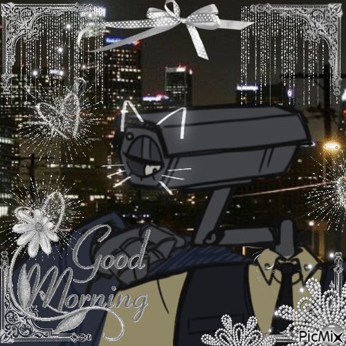 axis, security camera robot, covered in sparkly silver pngs with text that says "good morning"