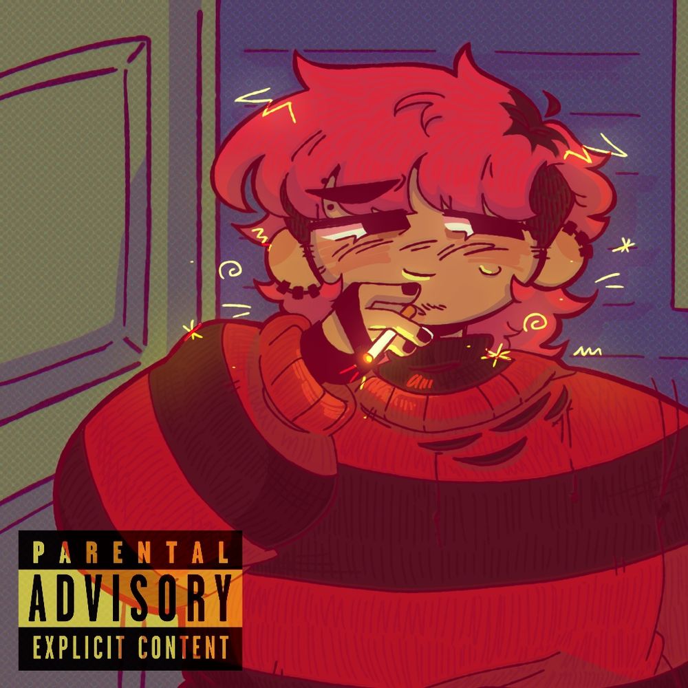 a person (cataclysm) smoking a cigarette outside a purple house. they have a pink dyed mullet with shaved sides, and are wearing a red and black striped sweater with fingerless black gloves