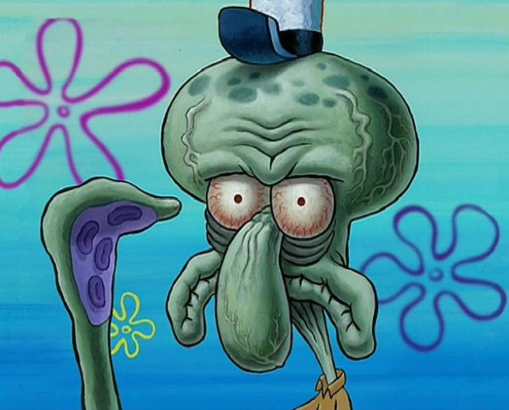 Das Bild zeigt Squidward Tentacles, eine Figur aus der Zeichentrickserie “SpongeBob Schwammkopf”. Squidward hat stark gerötete Augen und einen müden oder genervten Gesichtsausdruck. Diese