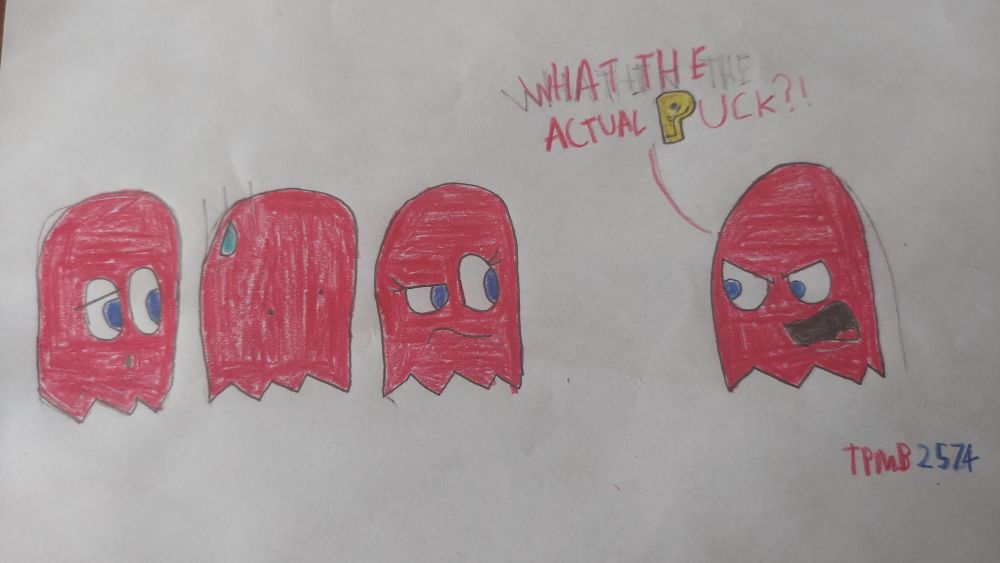 That's Pinky, Inky, and Clyde in red clothing from the left.