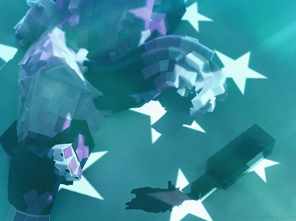 a Minecraft-styled art piece of a Pink, Magenta, and Black furred dog lying on the ground, presumably blacked out with a spilled bottle of wine next to them. a star-y light casts onto them.