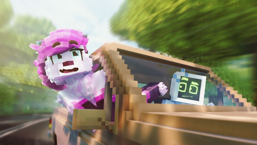 a 3D Minecraft art piece, of a pink, magenta, and gray dog (Joss, they/them) sticking their upper torso out of the window of a moving beige truck, as a white and light blue robot (Windows, he/she/they/it) drives the vehicle through a vibrant green forest.