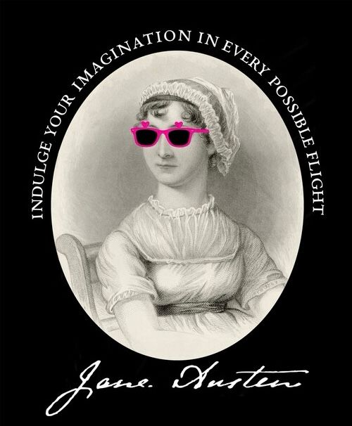 A black and white pic of Austen riffing on the Cassandra sketch in pink rimmed shades with her signature and an unlikely quote 