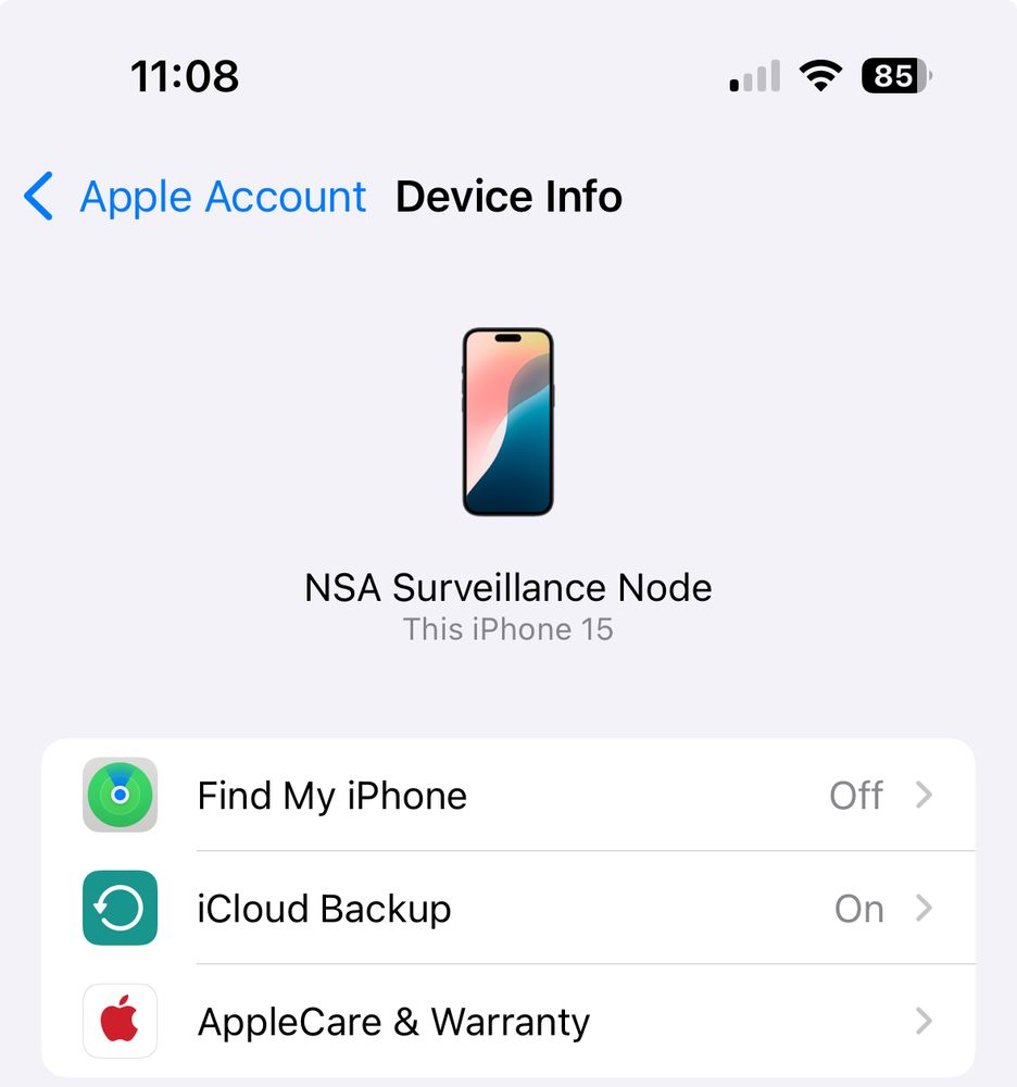 An iPhone identity screen showing that this goofball has named his personal iPhone “NSA Surveillance Node” like he thinks he’s funny because nobody would be dumb enough to actually believe that silliness, would they?? 