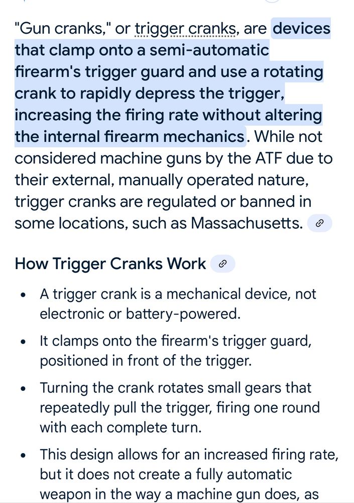A gun crank effectively turns a single fire weapon into an automatic weapon 