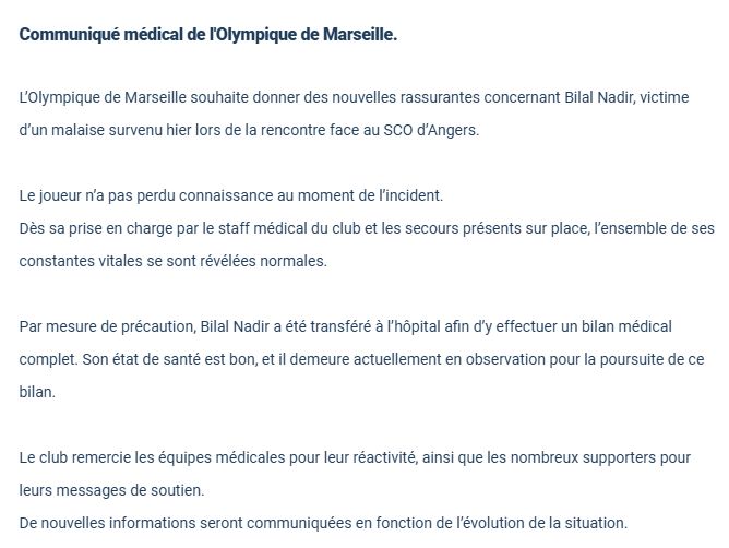 Communiqué médical de l'OM sur l'état de santé de Bilal Nadir (tout va bien, bilan santé ok, en observation)