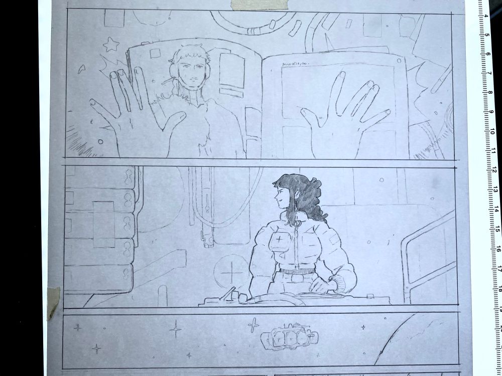 3 panels 1.a magazine being slammed open on a table 2. A cool girl with long black hair and a scifi (ish) puffy jacket looking at a pile of stacked boxes 3. A spaceship in space 