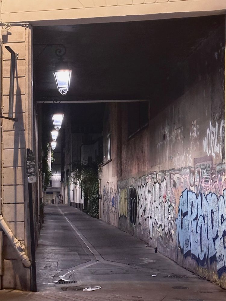 Picture of a Paris alley at night with graffiti on one side lit by latterns 