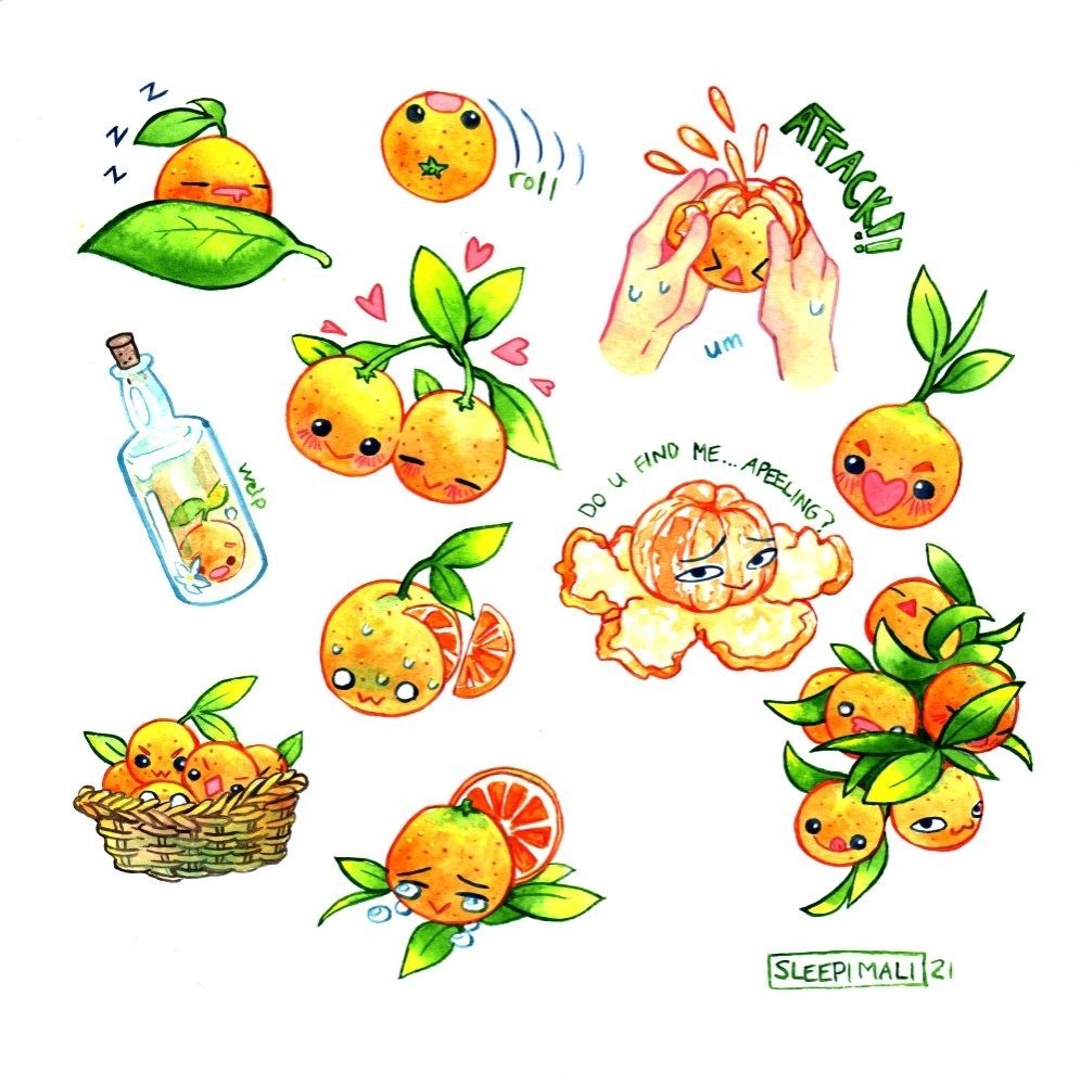 Watercolour painting of silly oranges with faces on a plain white background: one is snoring away under a leaf, one is rolling while looking surprised, one is squirting juice as a pair of sweaty hands try to peel it, with the word "ATTACK!!" hovering over it, one is smiling excitedly, and one is trapped in a bottle. There's a pair of them looking happy with their stems tied and hearts floating around them, there's one that wears a scared smile with a slice taken out of them, and there's a peeled orange resting on its peel looking smug and slightly seductive saying "Do u find me... apeeling?". There's also a group pf oranges squished together in a basket, one crying having been cut in half and finally a bunch of happy and relaxed looking oranges on their branch