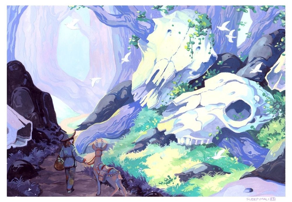 Gouache painting of a traveler and their deer companion stopping on their walk in the woods to look at the giant ancient animal skulls and even bigger trees.