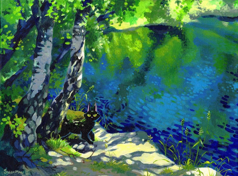 Acrylic painting in mostly greens, blues and yellows, of a large black cat coming out from a couple of birch trees in front of a blue lake