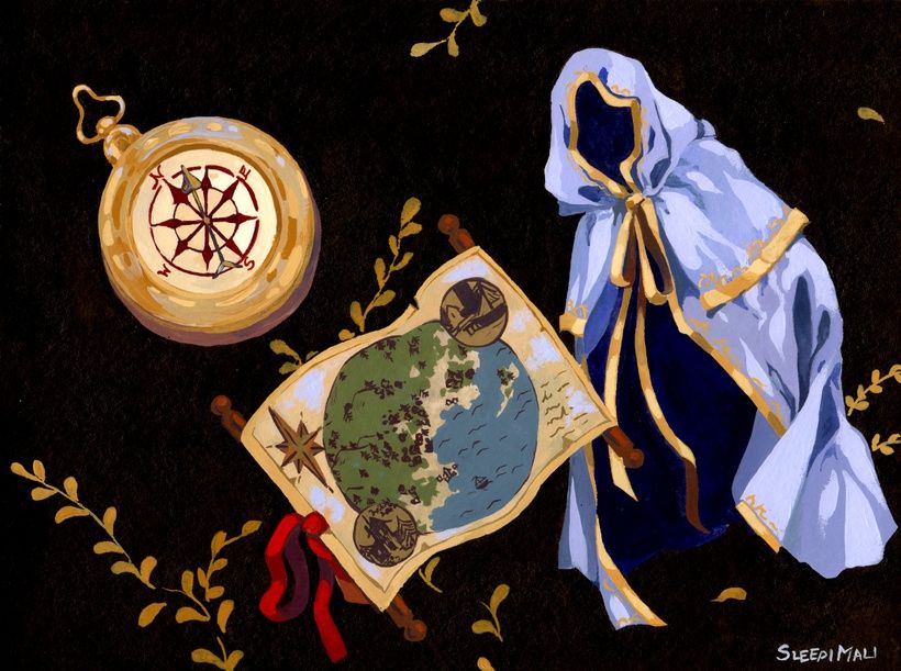 Acrylic gouache painting of three items floating on a black background; a golden compass, an antique-looking unrolled scroll with wooden handles containing a map, and  pale lilac cloak with gold trim