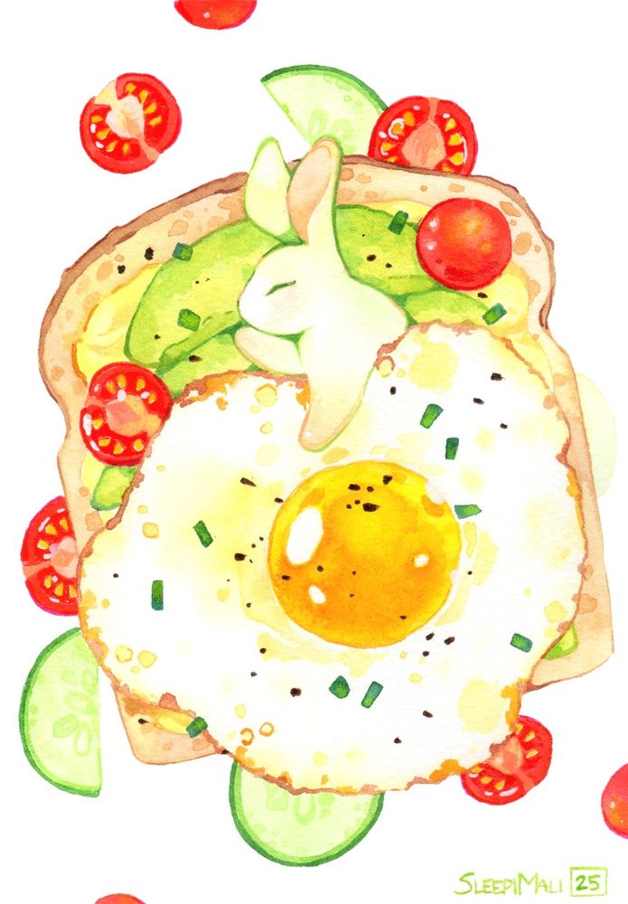 Watercolour painting of a white bunny sleeping on a slice of avocado toast using a fried egg as a blanket. Theres are halved cherry tomatoes and cucumber slices scattered around them.