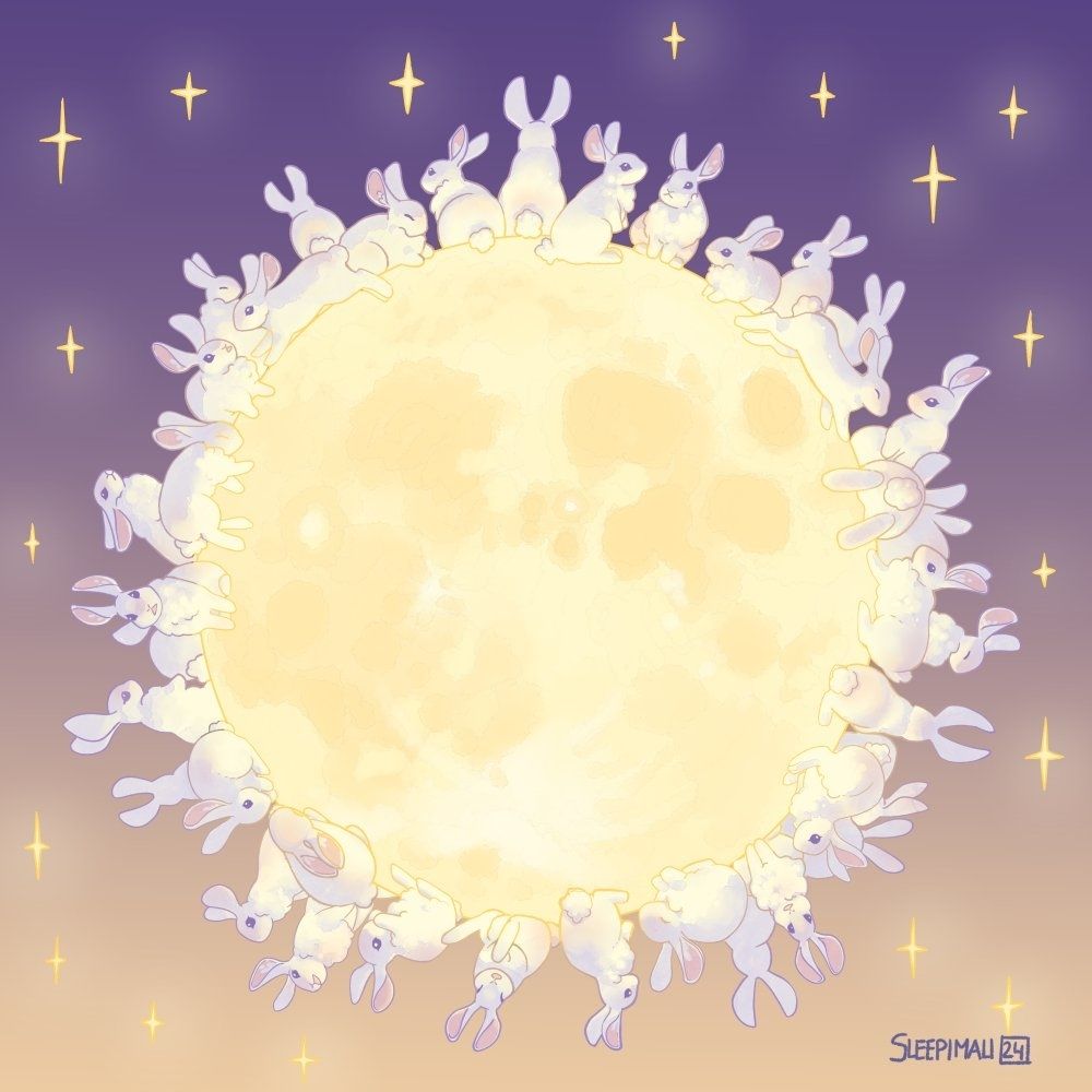Digital artwork of a whole bunch of white bunnies on a full moon