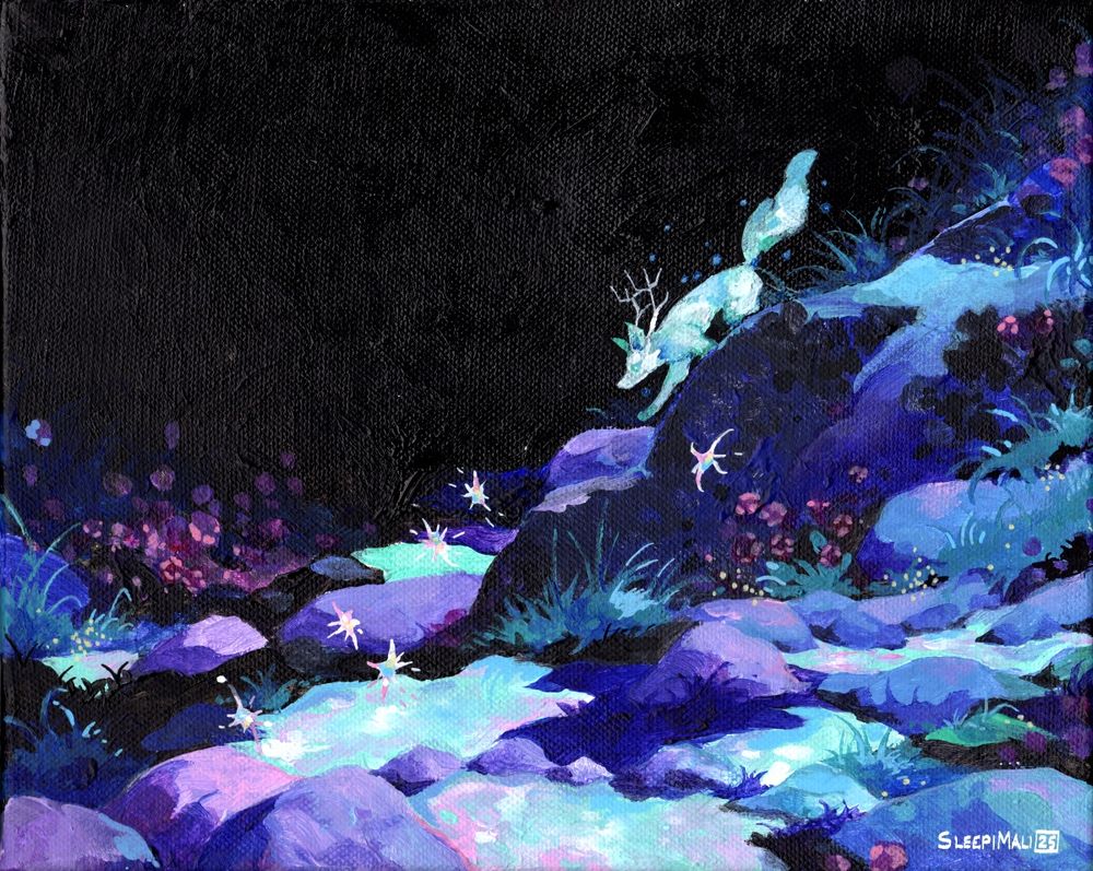 Acrylic painting of a slightly glowing bluish white fox with antlers heading down some rounded purple rocks with glowing pools of blue water and patches of grass and pink flowers dotted between, watching some sparks of light dancing across the scene.  The sky above is black. 