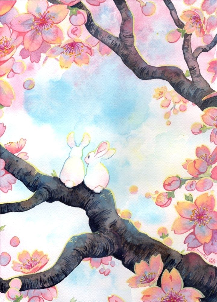 Watercolour painting of two tiny white rabbits sitting in a cherry looking at a pale blue sky with white clouds
