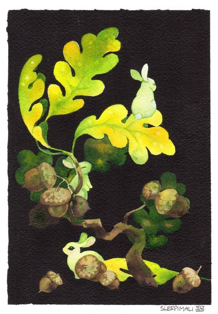Watercolour and ink painting of a trio of tiny white bunnies and a vertical oak branch with vibrant yellow-ish green leaves and acorns. The background is black.