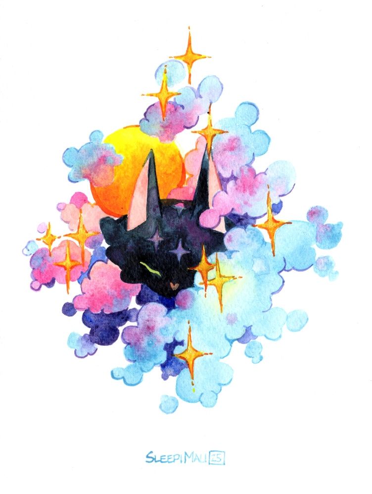 Watercolour painting of a black cat face with their eyes closed partially obscured and surrounded by soft clouds in blue, pink and purple. There's a bright orange sun right behind them and sparkles float around them