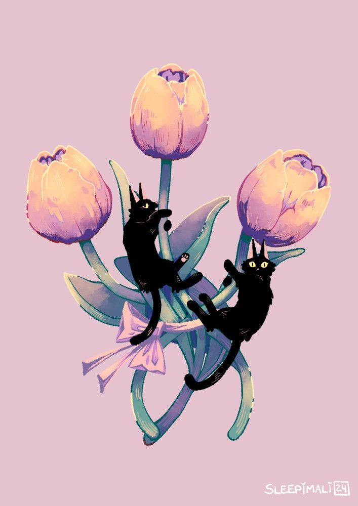 Two black kitties climbing a tulip stalk each in a bouquet of 3 tulips. The tulip petals shift from purple to peachy colour 