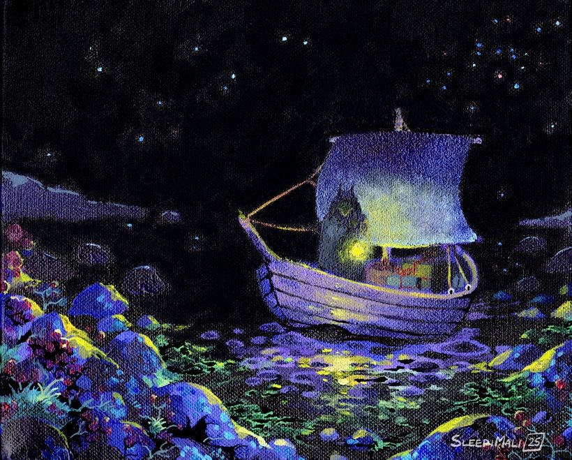 Acrylic painting of a shadowy figure with a lantern on a boat in a dark night. Their lantern casts slivers of yellow light onto the water surface below, and onto the rounded purple-ish rocks at the shore. In the distance, the water blends into one with the black nightsky dotted with stars